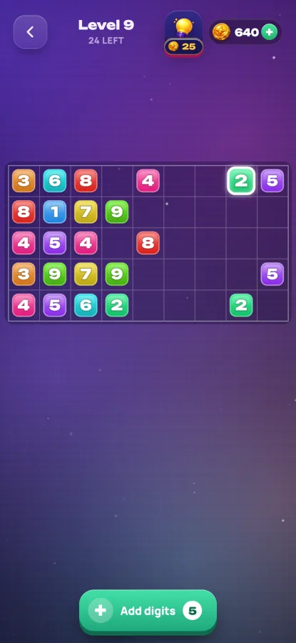 Tenly: level 9 with a selected digit and a coloured board