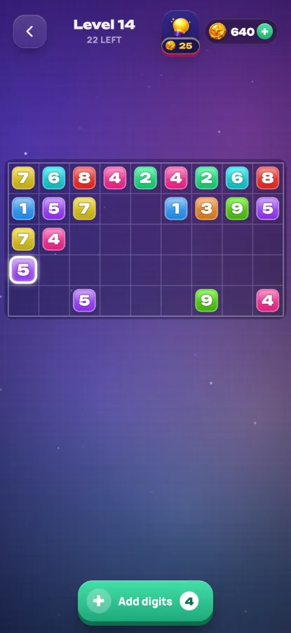 Tenly: a late-game board with many empty cells