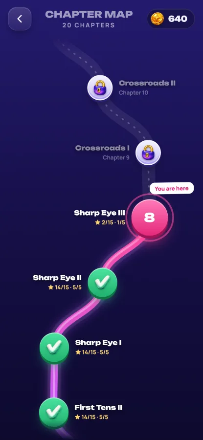 Tenly: the chapter map with completed levels and stars