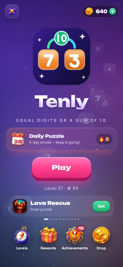 Tenly: the main menu with the daily puzzle and the winning streak