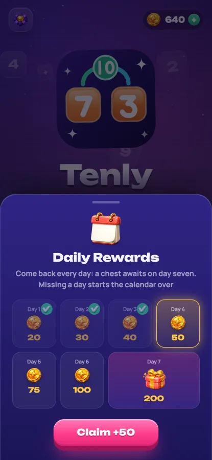 Tenly: daily rewards with a chest of coins on day seven