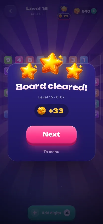 Tenly: the level complete screen with three stars and a coin reward